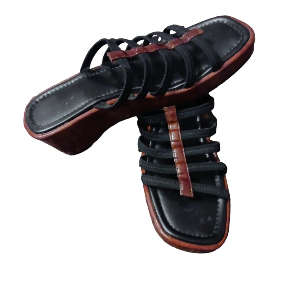 Donald J. Pliner Black and Brown Strappy Wedge Sandals